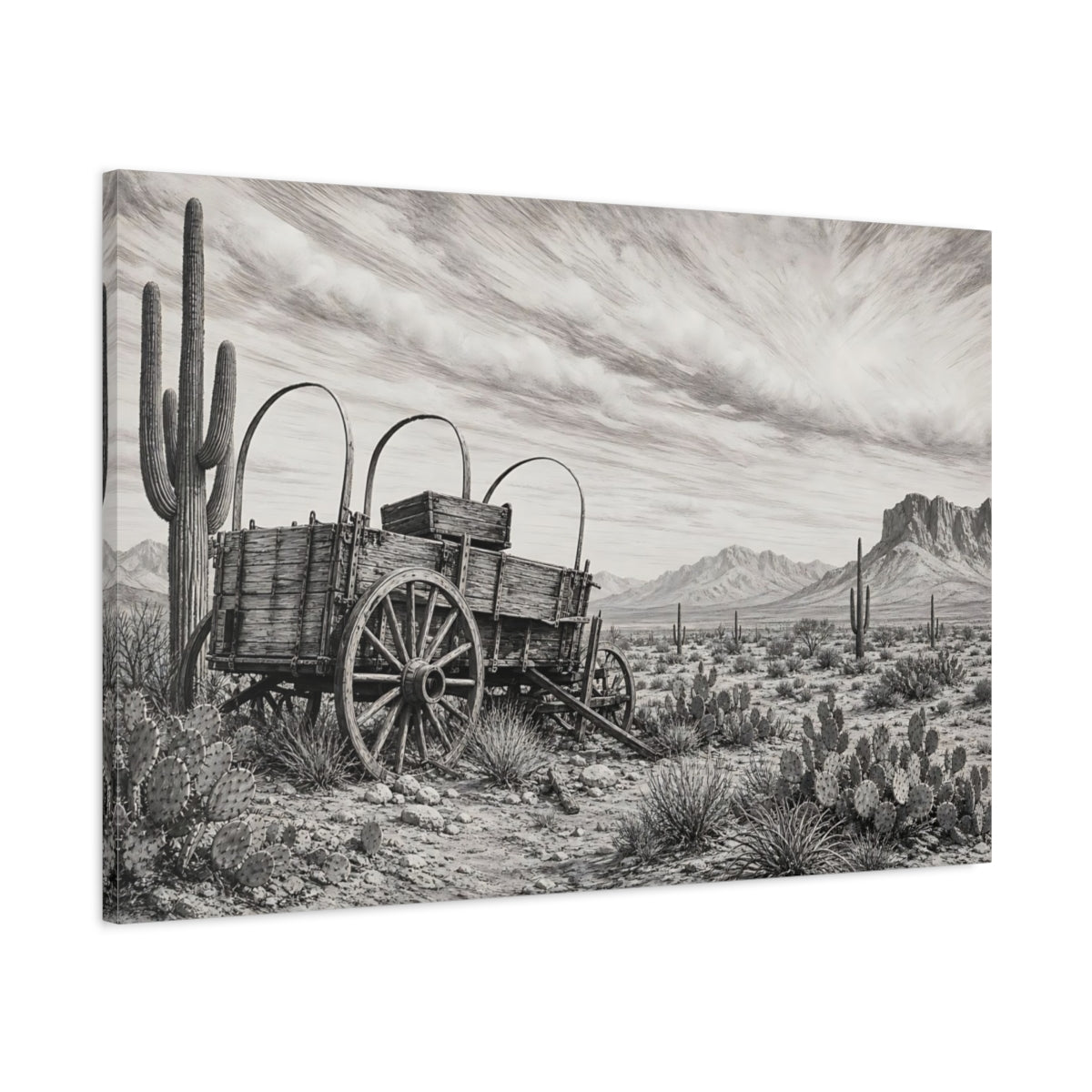 Main Mockup. Nature Covered Wagon Monochrome Desert shown as stretched canvas wall art