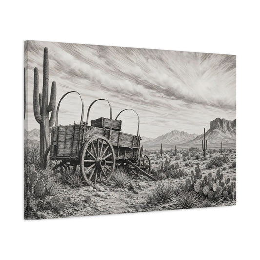 Main Mockup. Nature Covered Wagon Monochrome Desert shown as stretched canvas wall art