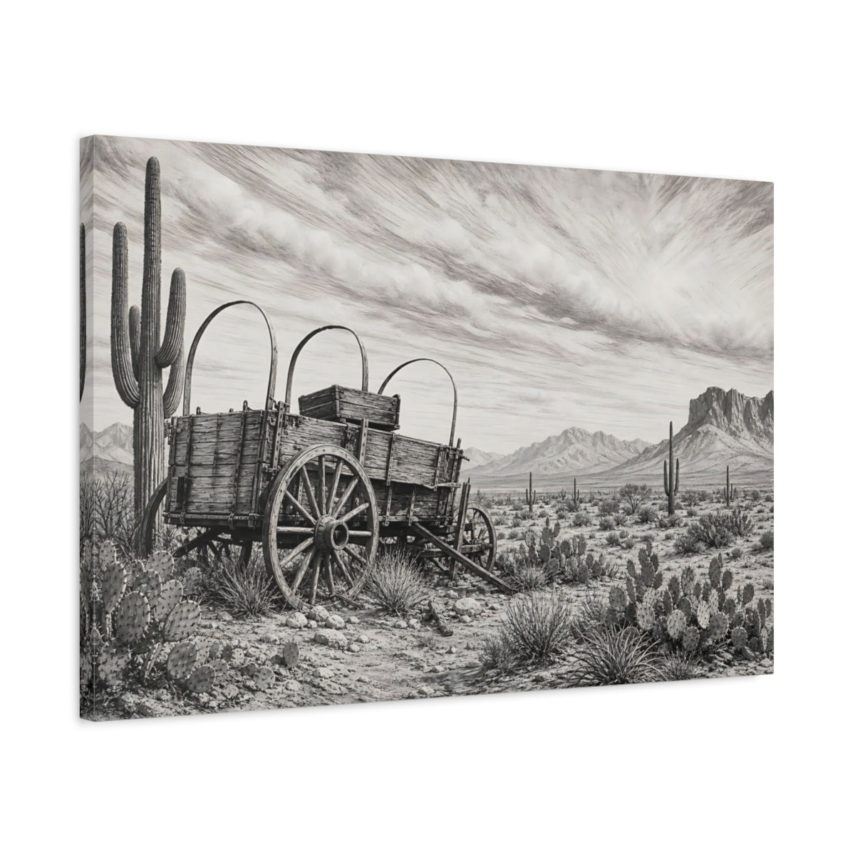 Side Mockup 2. Nature Covered Wagon Monochrome Desert shown as stretched canvas wall art