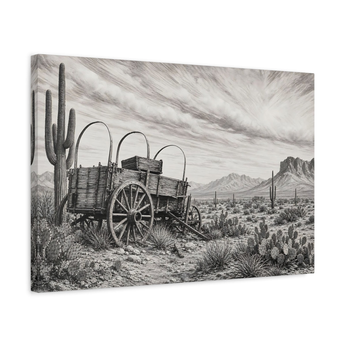 Side Mockup 3. Nature Covered Wagon Monochrome Desert shown as stretched canvas wall art