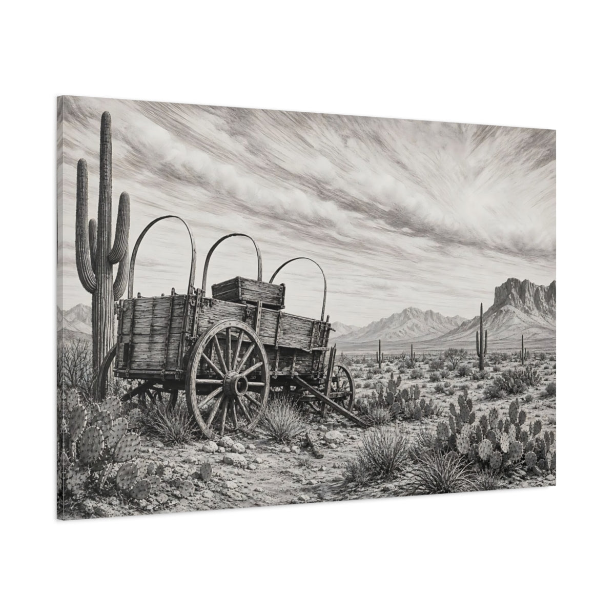 Side Mockup 1. Nature Covered Wagon Monochrome Desert shown as stretched canvas wall art