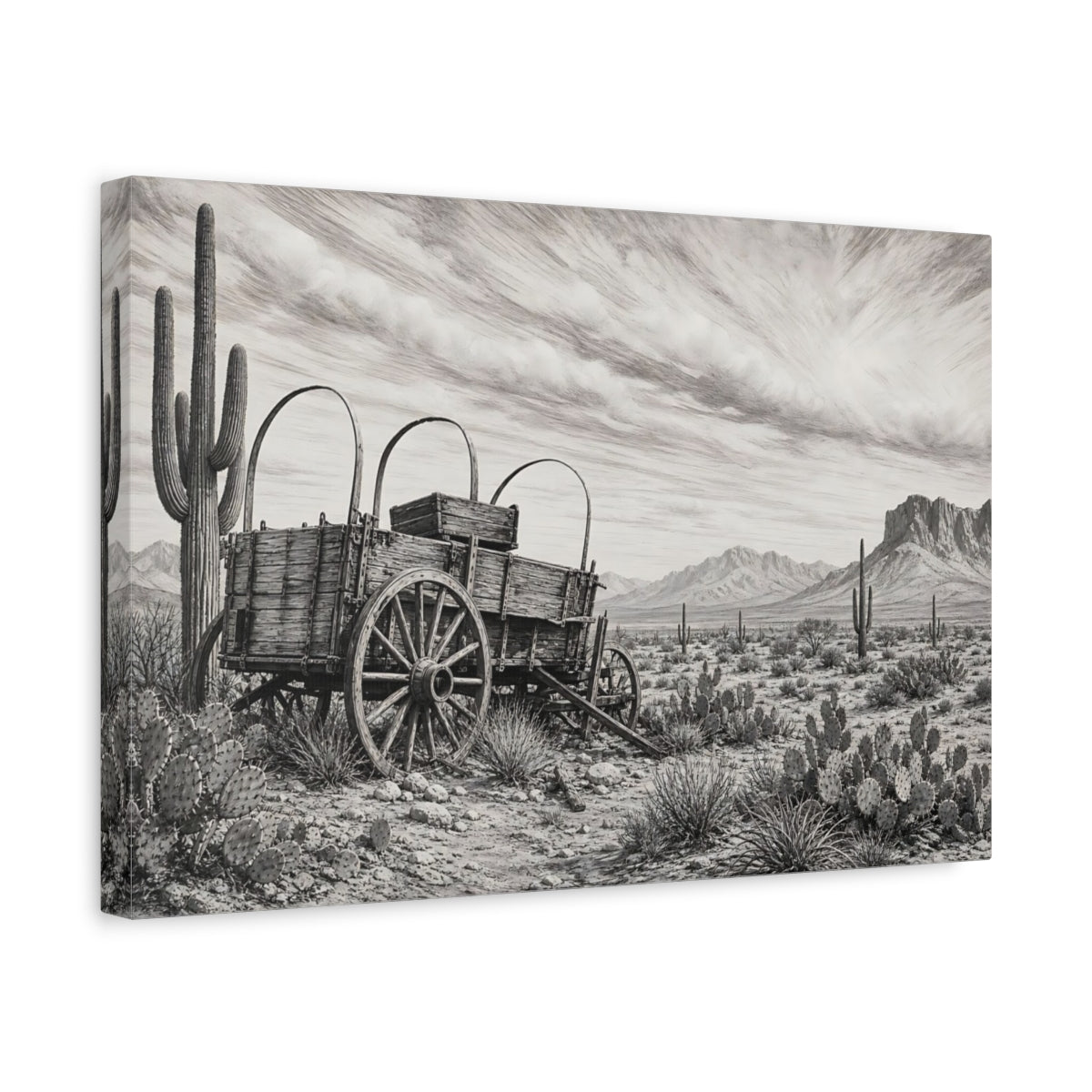 Side Mockup 4. Nature Covered Wagon Monochrome Desert shown as stretched canvas wall art