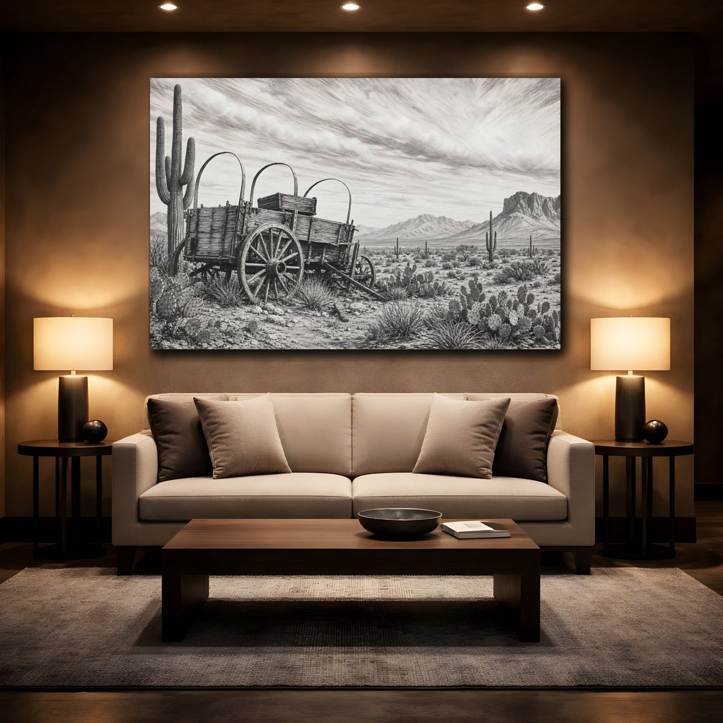 Mockup 2. Nature Covered Wagon Monochrome Desert shown as stretched canvas wall art