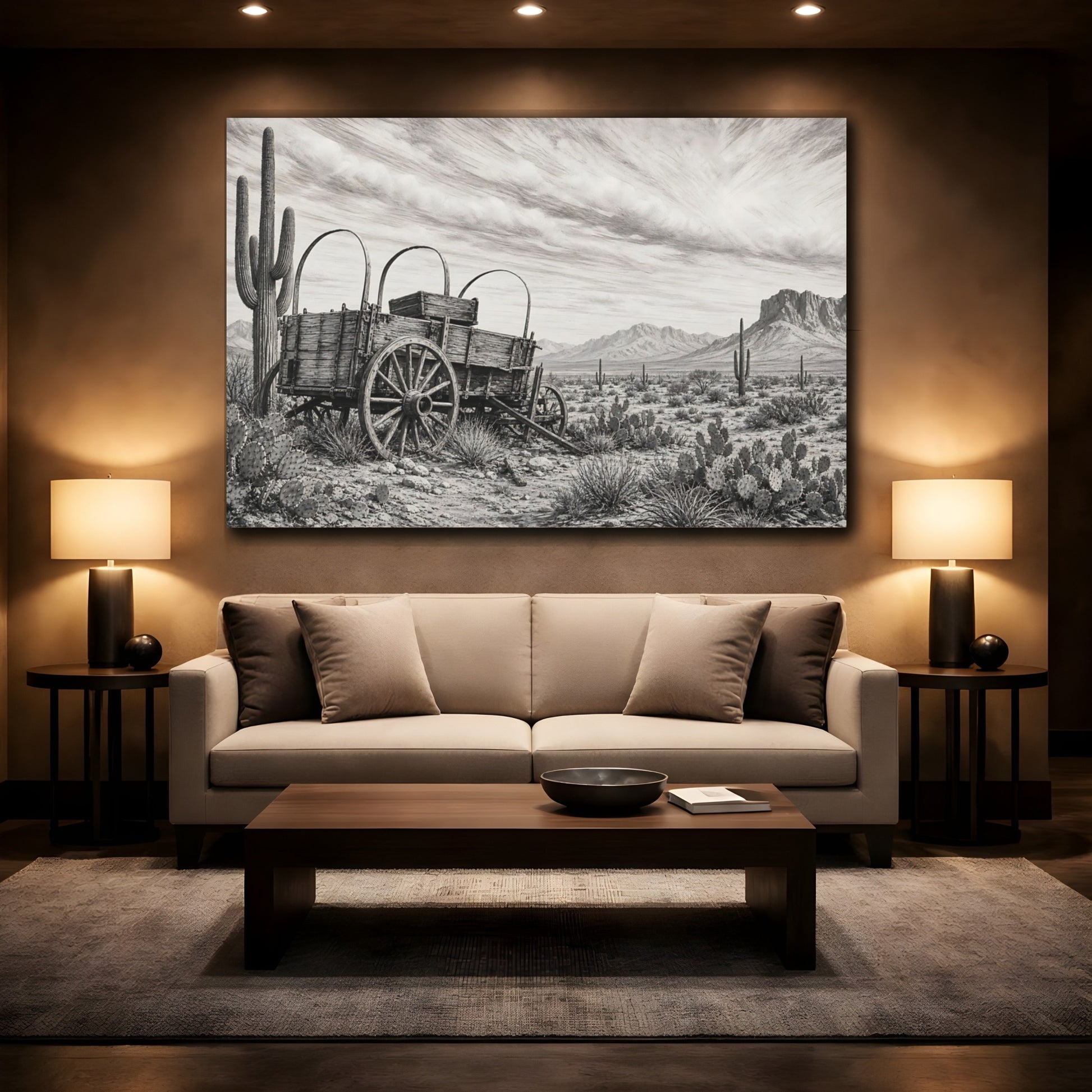 Mockup 2. Nature Covered Wagon Monochrome Desert shown as stretched canvas wall art