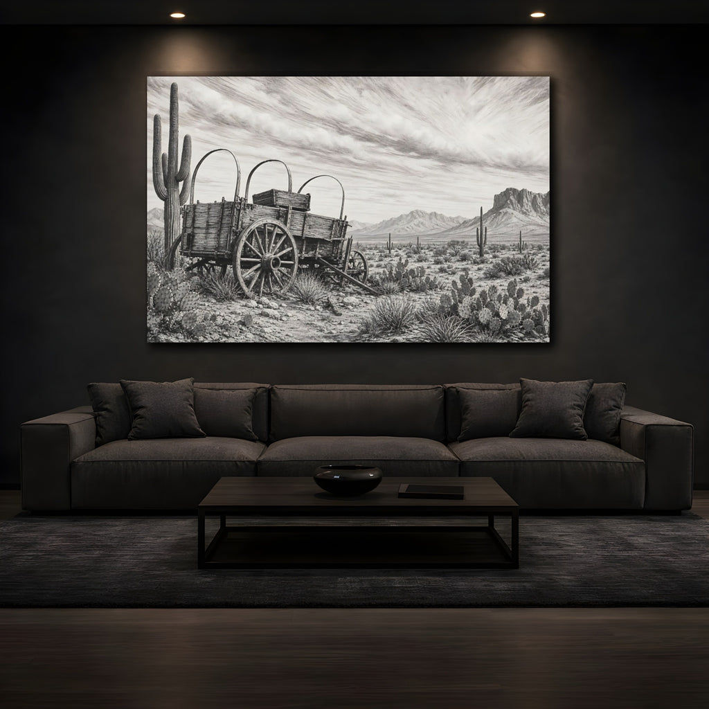 Mockup 3. Nature Covered Wagon Monochrome Desert shown as stretched canvas wall art
