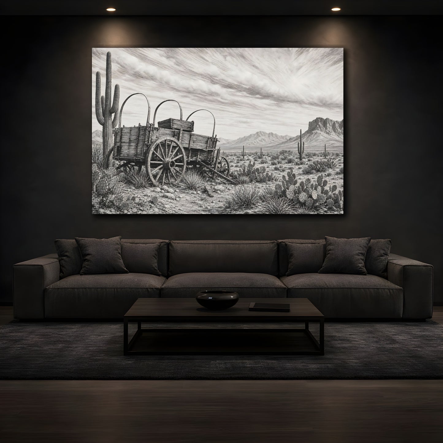 Mockup 3. Nature Covered Wagon Monochrome Desert shown as stretched canvas wall art