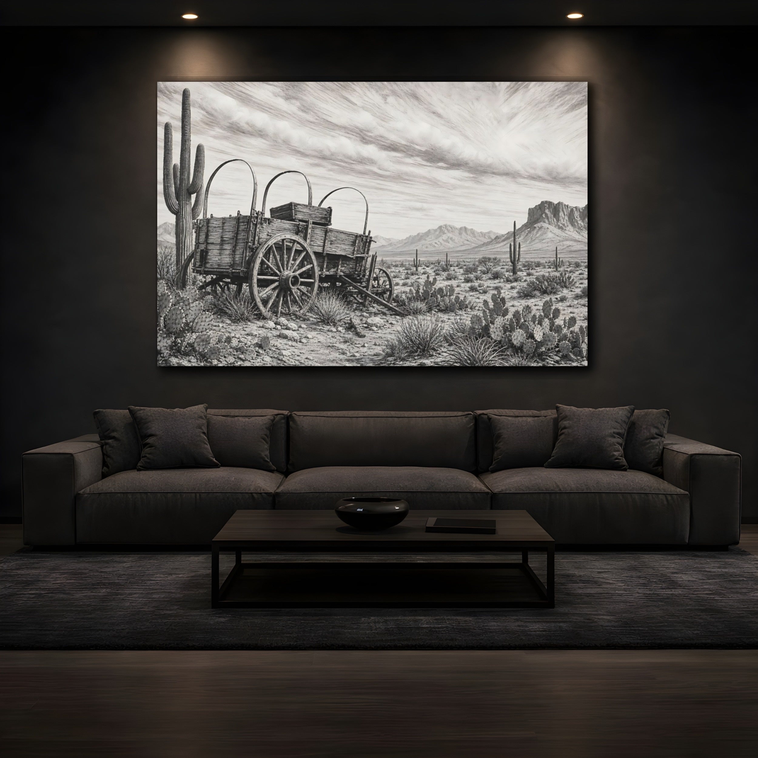 Mockup 3. Nature Covered Wagon Monochrome Desert shown as stretched canvas wall art