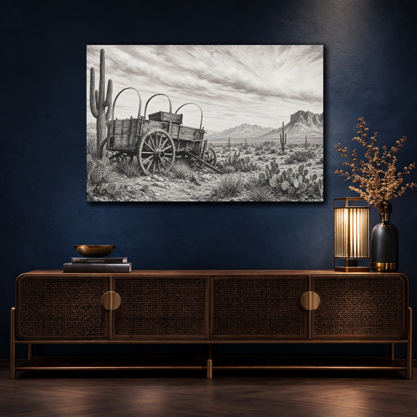 Mockup 4. Nature Covered Wagon Monochrome Desert shown as stretched canvas wall art