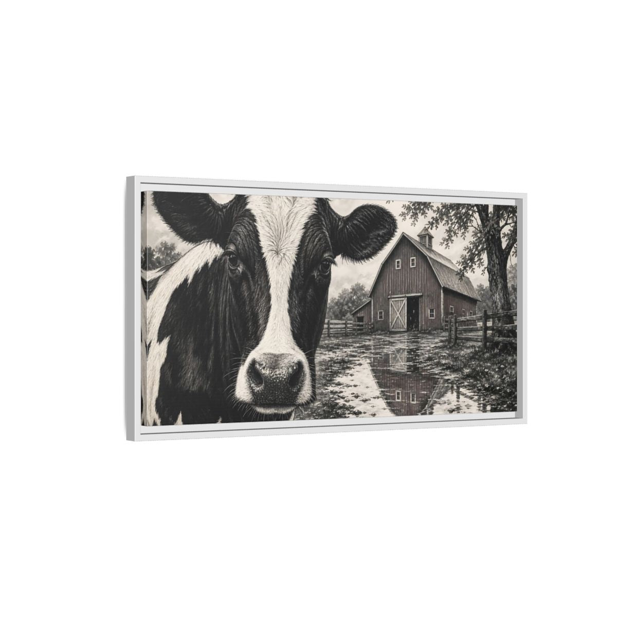 Side Mockup 1. Nature Cow Cow Black And White shown as stretched canvas wall art