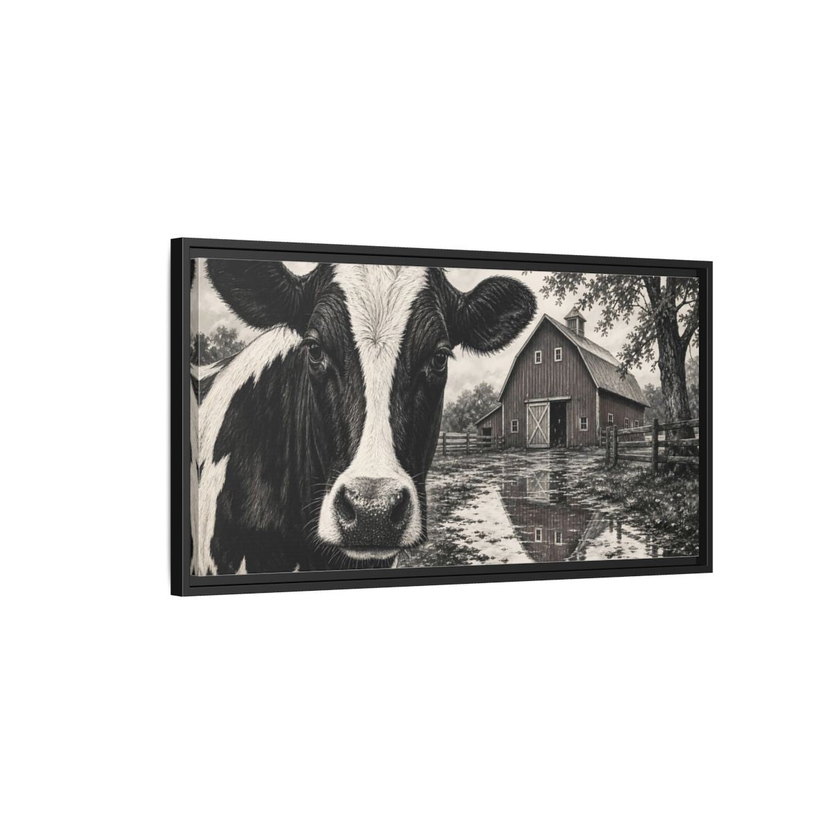 Side Mockup 2. Nature Cow Cow Black And White shown as stretched canvas wall art