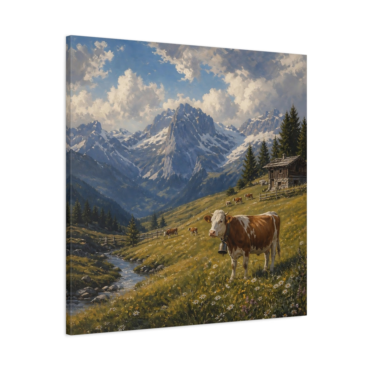 Main Mockup. Nature Cow Brown And Green Mountain shown as stretched canvas wall art