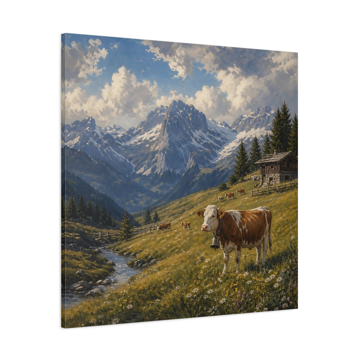 Side Mockup 1. Nature Cow Brown And Green Mountain shown as stretched canvas wall art