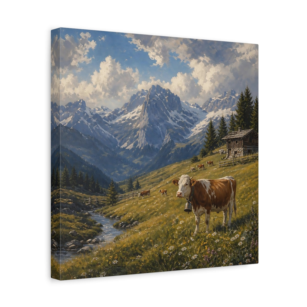 Side Mockup 7. Nature Cow Brown And Green Mountain shown as stretched canvas wall art