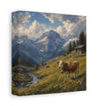 Side Mockup 2. Nature Cow Brown And Green Mountain shown as stretched canvas wall art