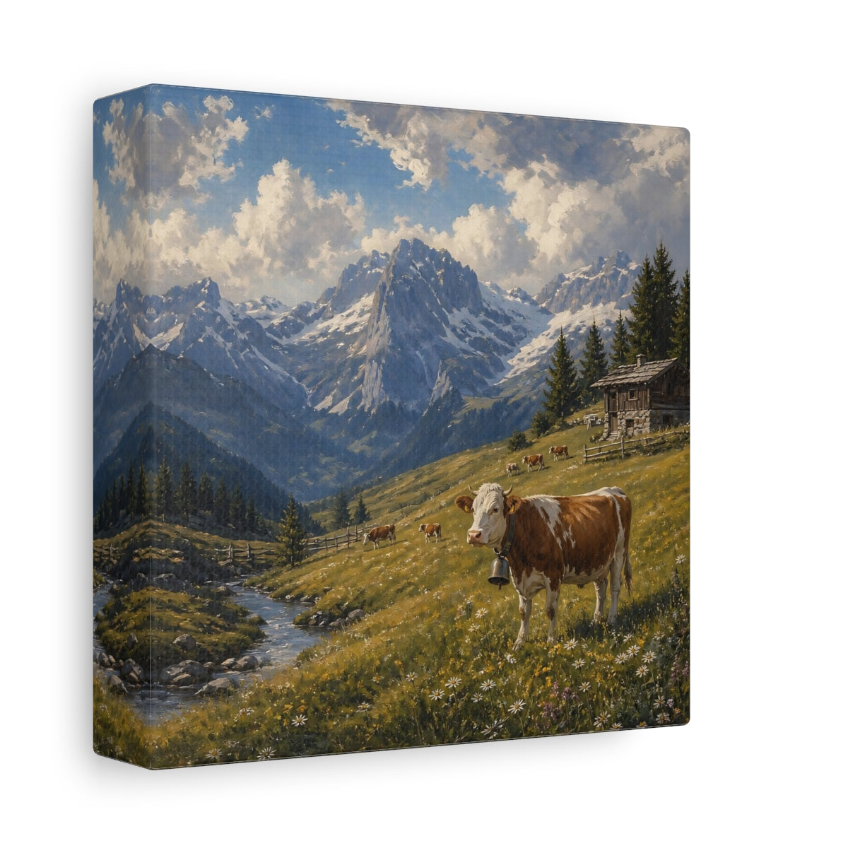 Side Mockup 2. Nature Cow Brown And Green Mountain shown as stretched canvas wall art