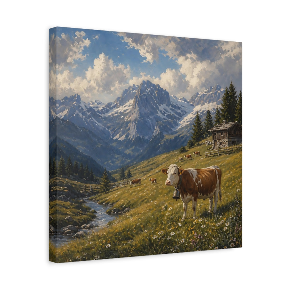 Side Mockup 6. Nature Cow Brown And Green Mountain shown as stretched canvas wall art