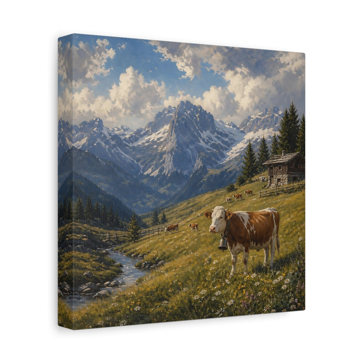 Side Mockup 9. Nature Cow Brown And Green Mountain shown as stretched canvas wall art