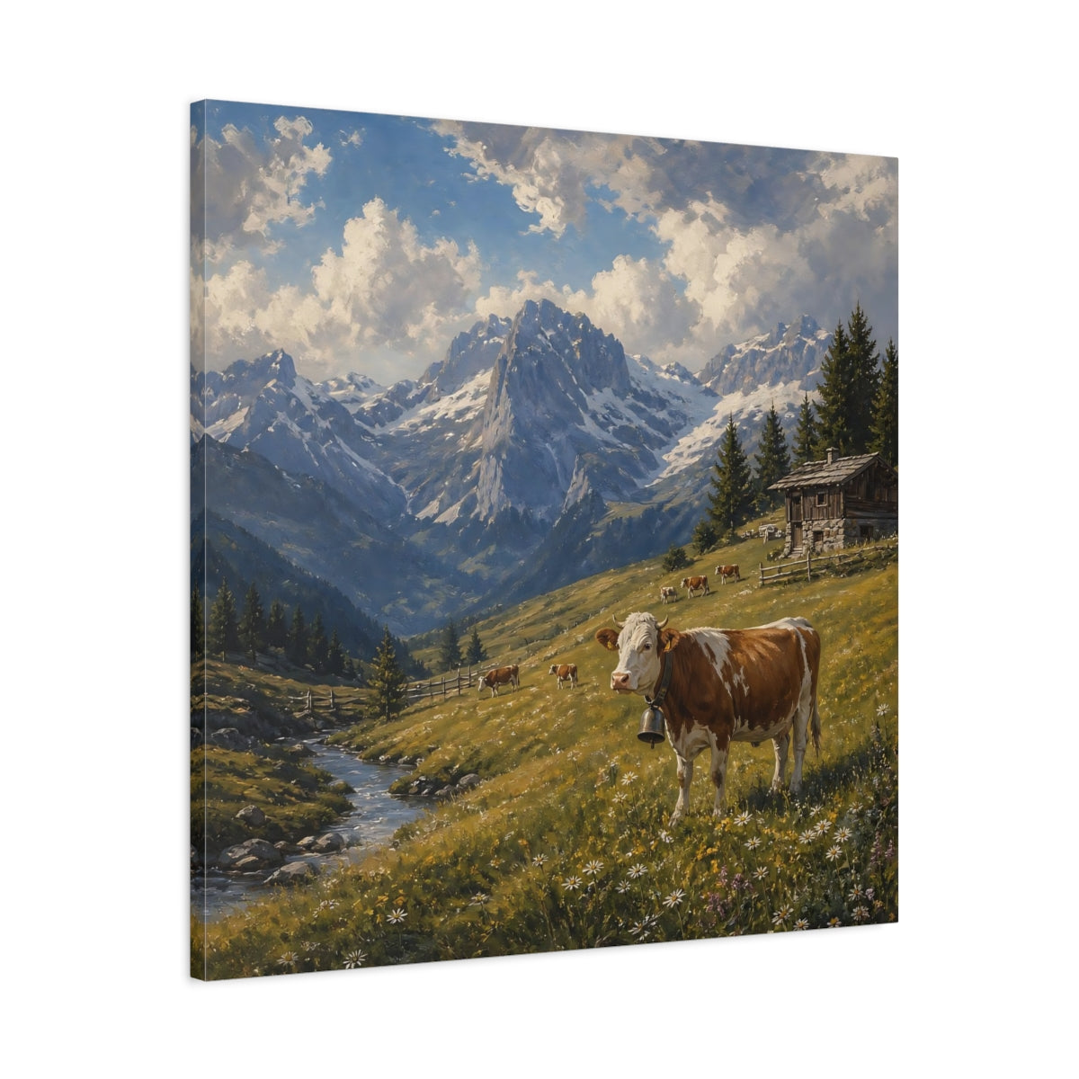 Side Mockup 3. Nature Cow Brown And Green Mountain shown as stretched canvas wall art