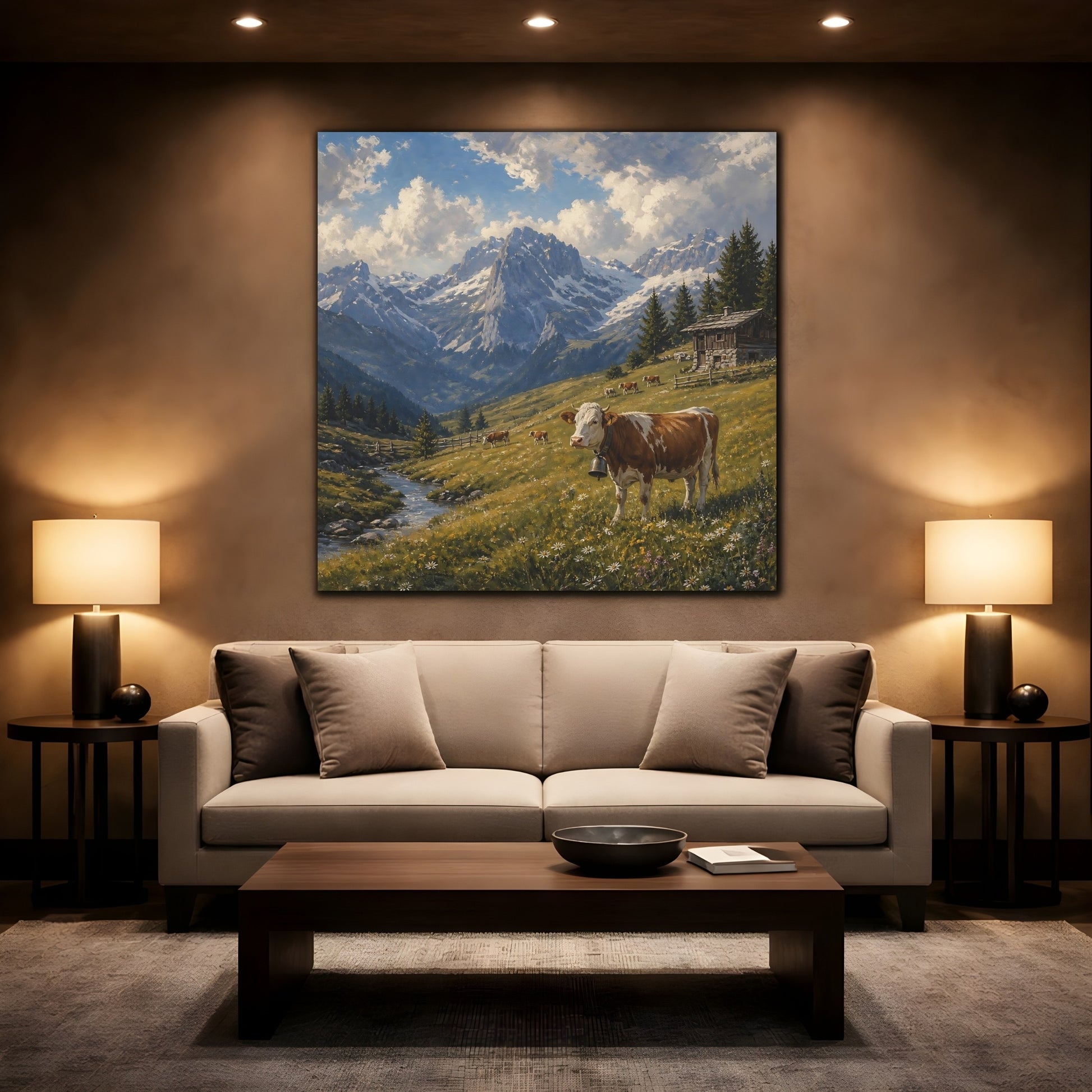 Mockup 2. Nature Cow Brown And Green Mountain shown as stretched canvas wall art