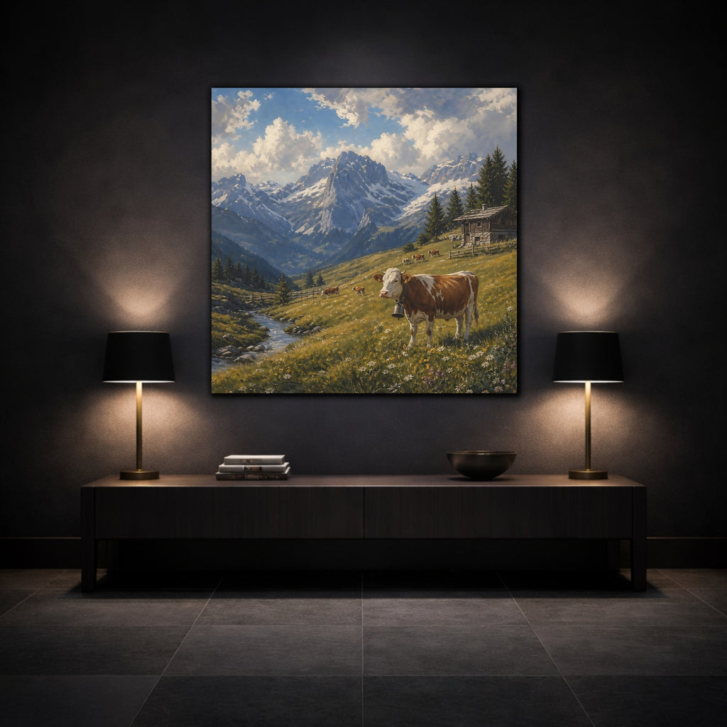 Mockup 3. Nature Cow Brown And Green Mountain shown as stretched canvas wall art