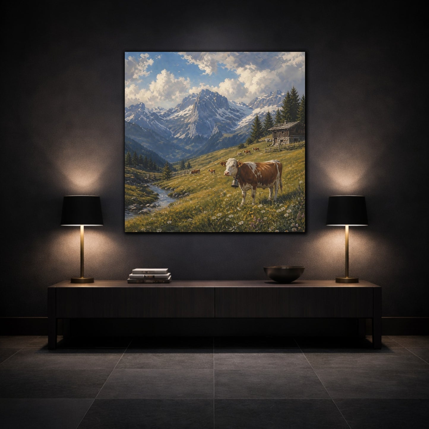 Mockup 3. Nature Cow Brown And Green Mountain shown as stretched canvas wall art