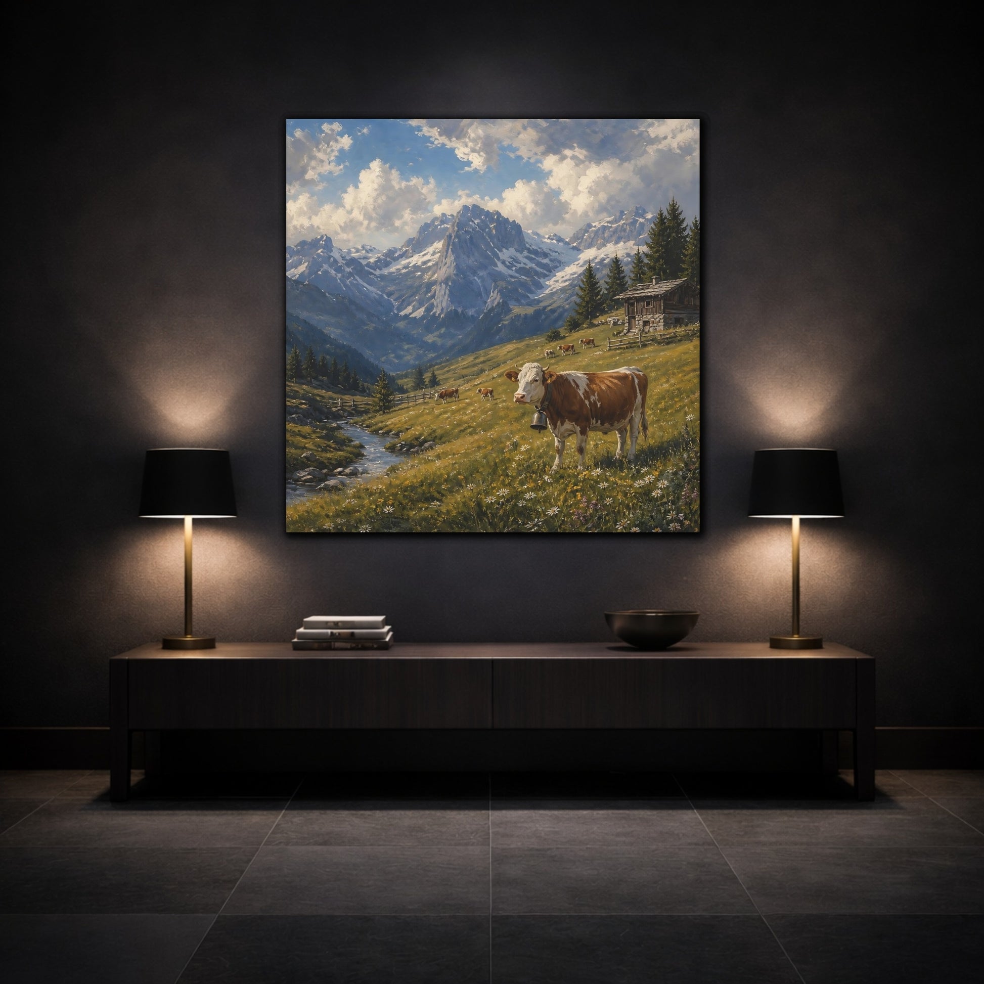Mockup 3. Nature Cow Brown And Green Mountain shown as stretched canvas wall art