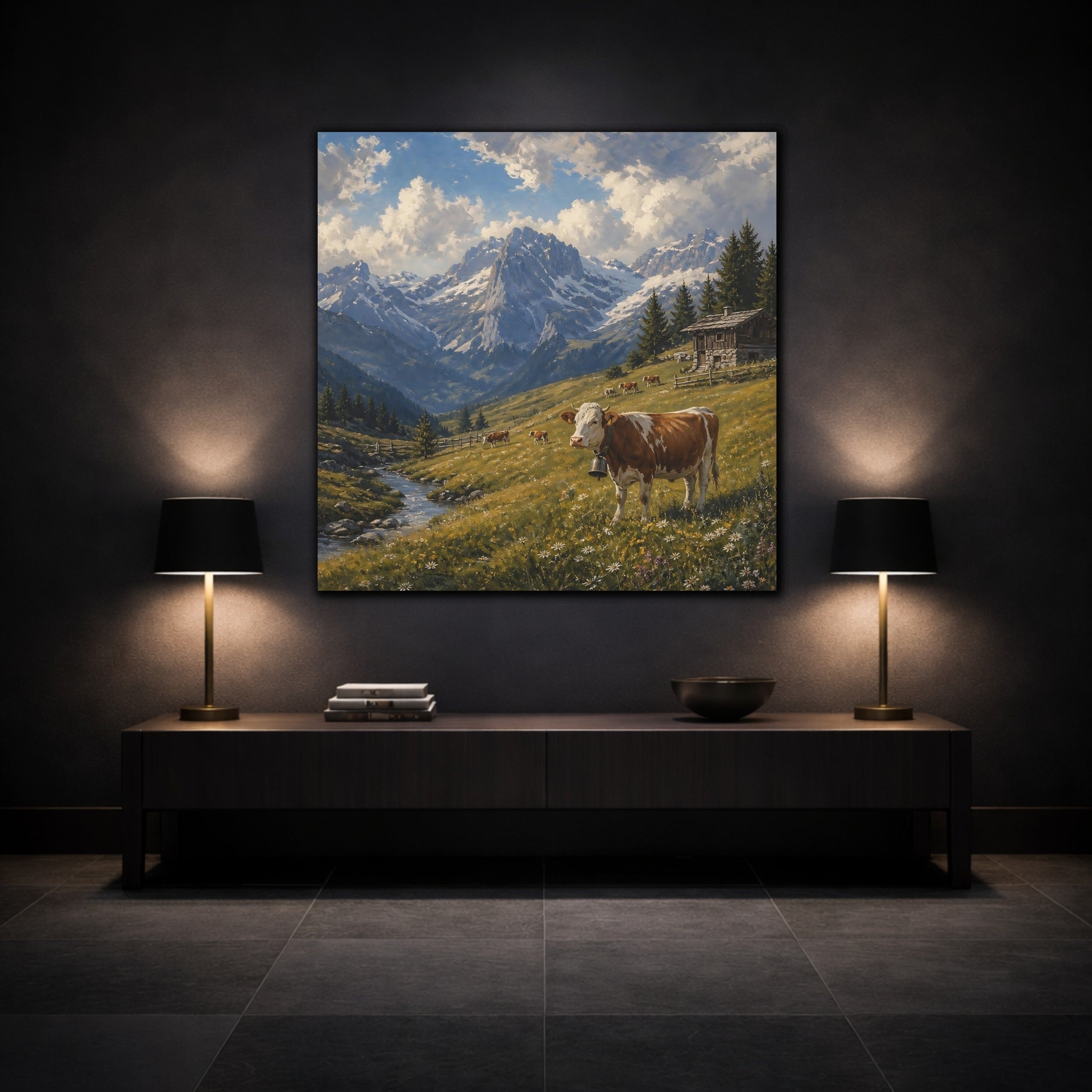Mockup 3. Nature Cow Brown And Green Mountain shown as stretched canvas wall art