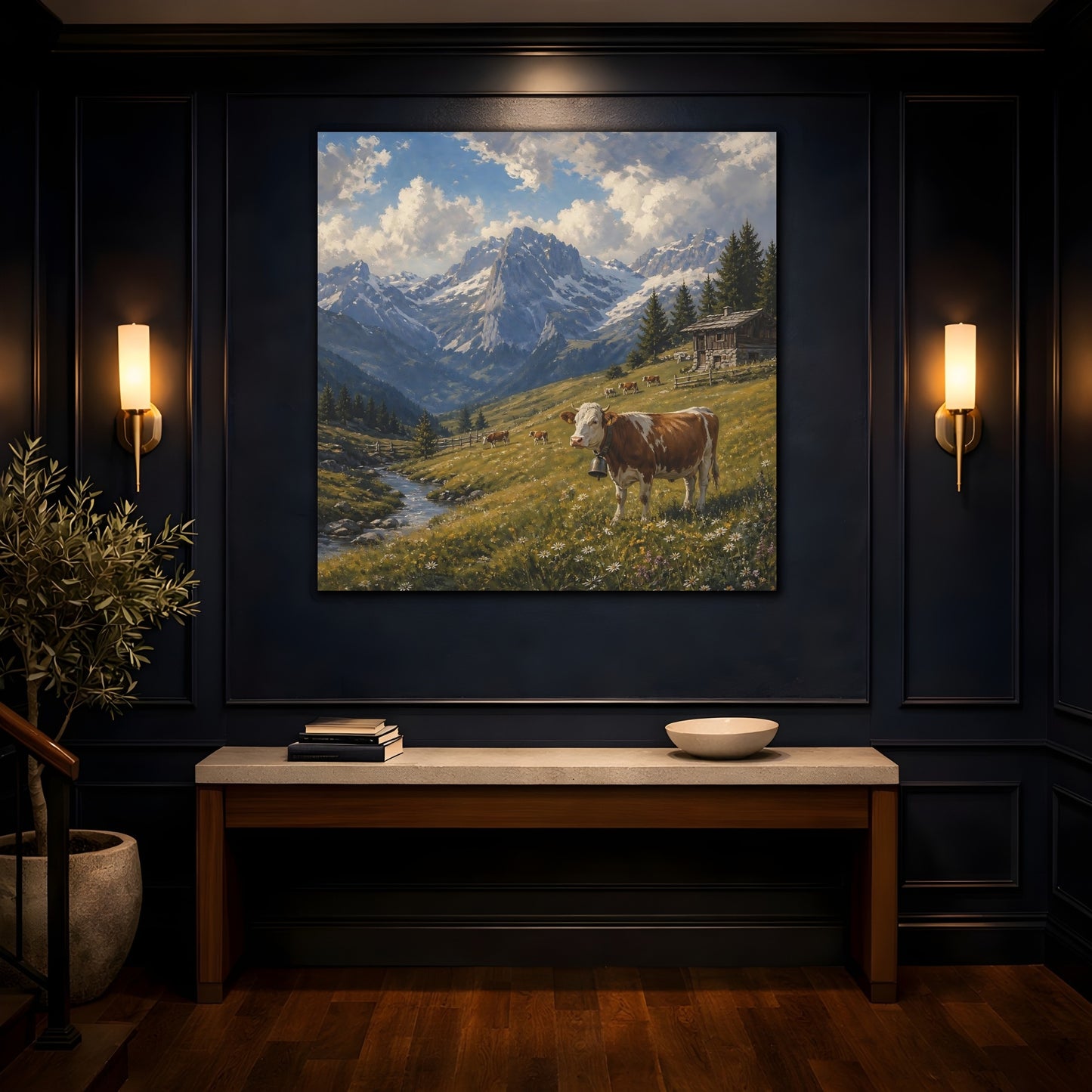 Mockup 4. Nature Cow Brown And Green Mountain shown as stretched canvas wall art