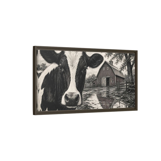 Main Mockup. Nature Cow Cow Black And White shown as stretched canvas wall art