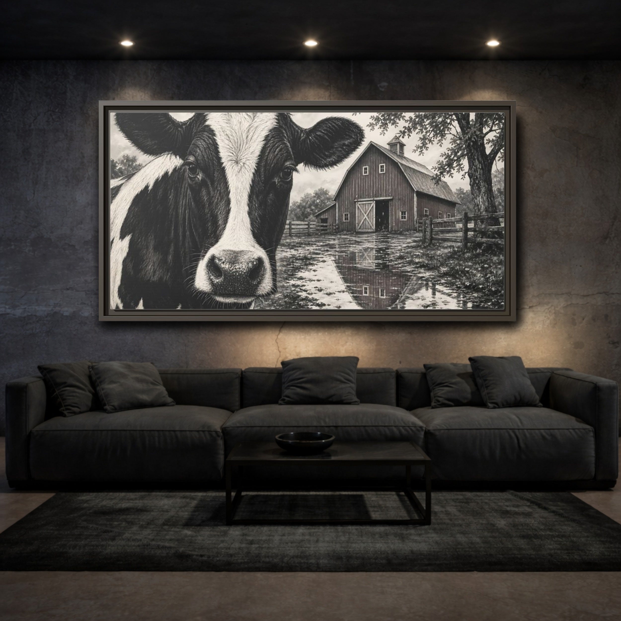 Mockup 2. Nature Cow Cow Black And White shown as stretched canvas wall art