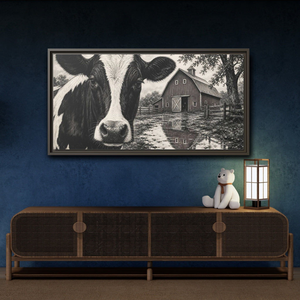 Mockup 4. Nature Cow Cow Black And White shown as stretched canvas wall art