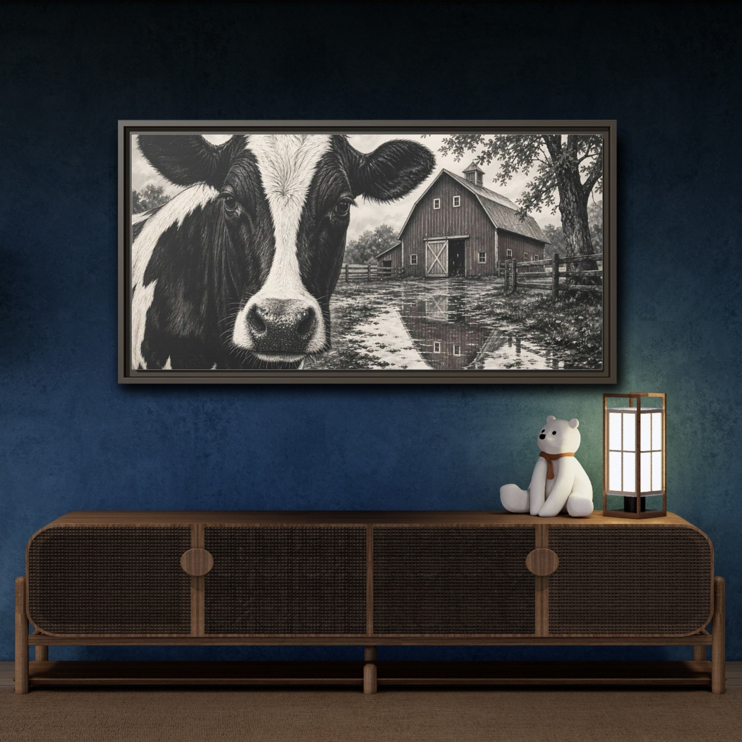 Mockup 4. Nature Cow Cow Black And White shown as stretched canvas wall art
