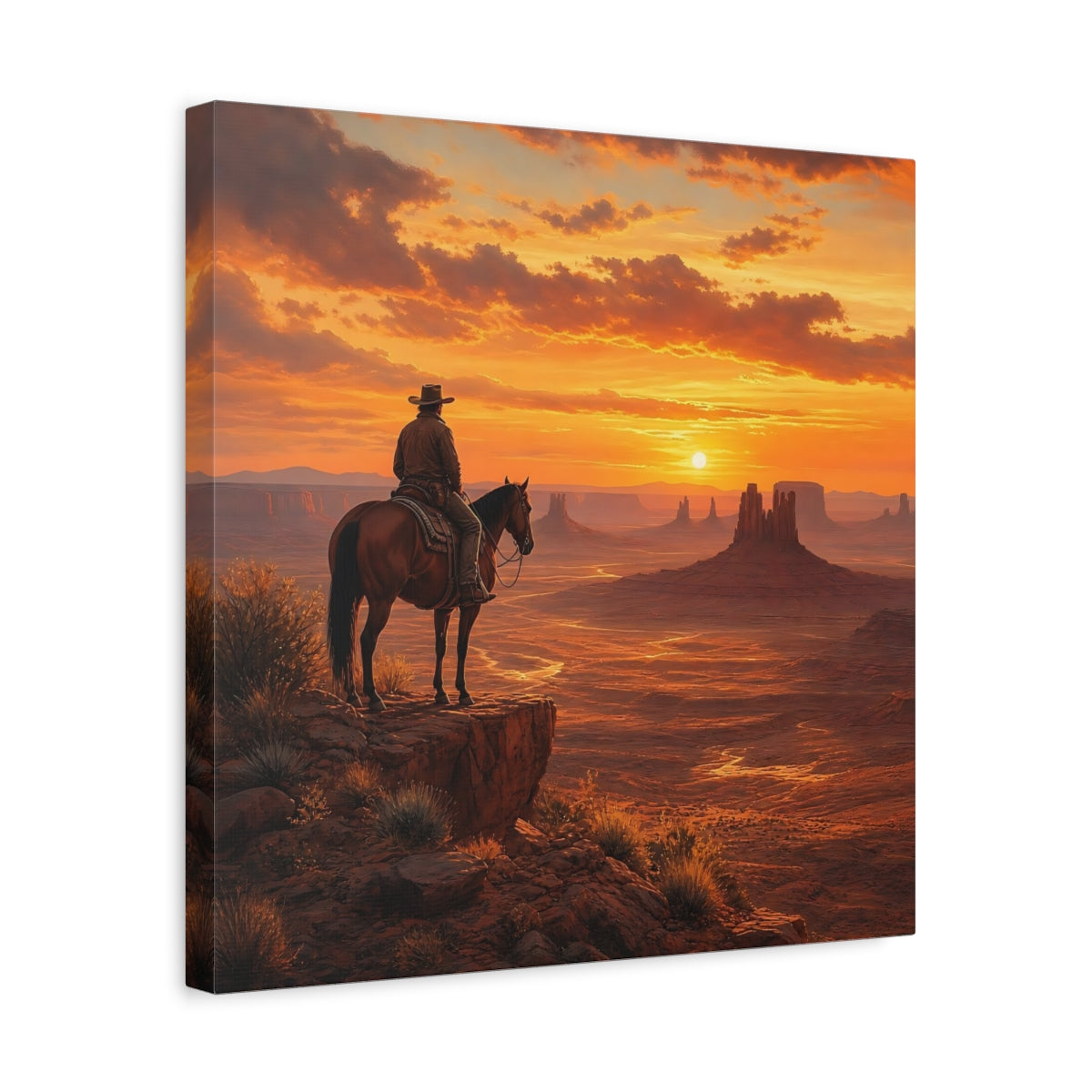 Side Mockup 6. Nature Cowboy, Horse Orange Sunset shown as stretched canvas wall art