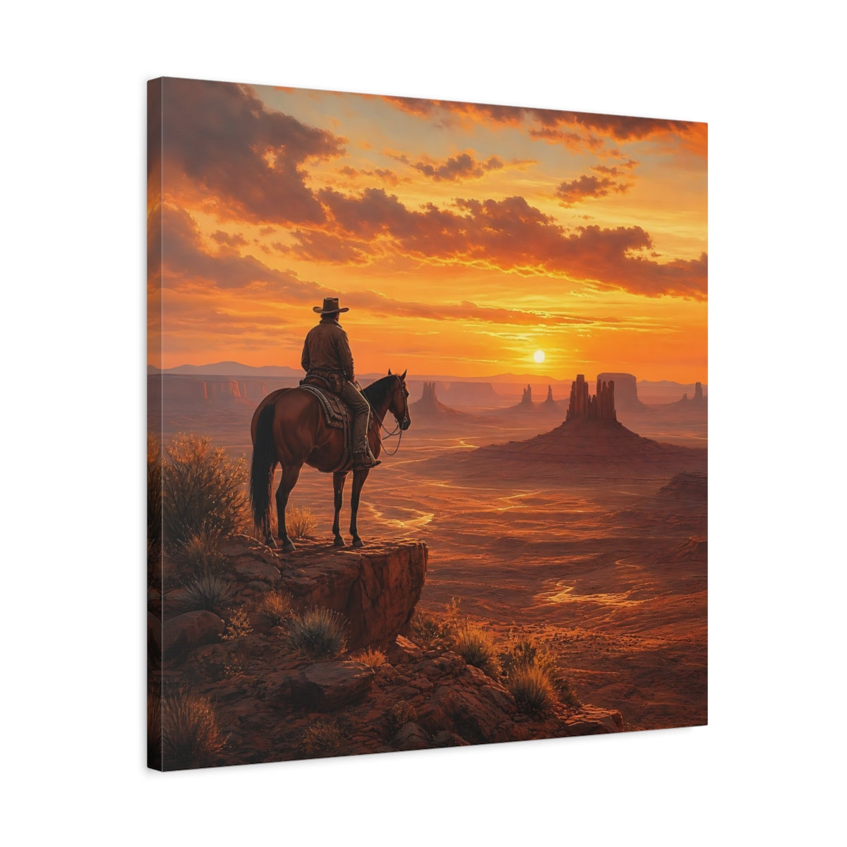 Side Mockup 4. Nature Cowboy, Horse Orange Sunset shown as stretched canvas wall art