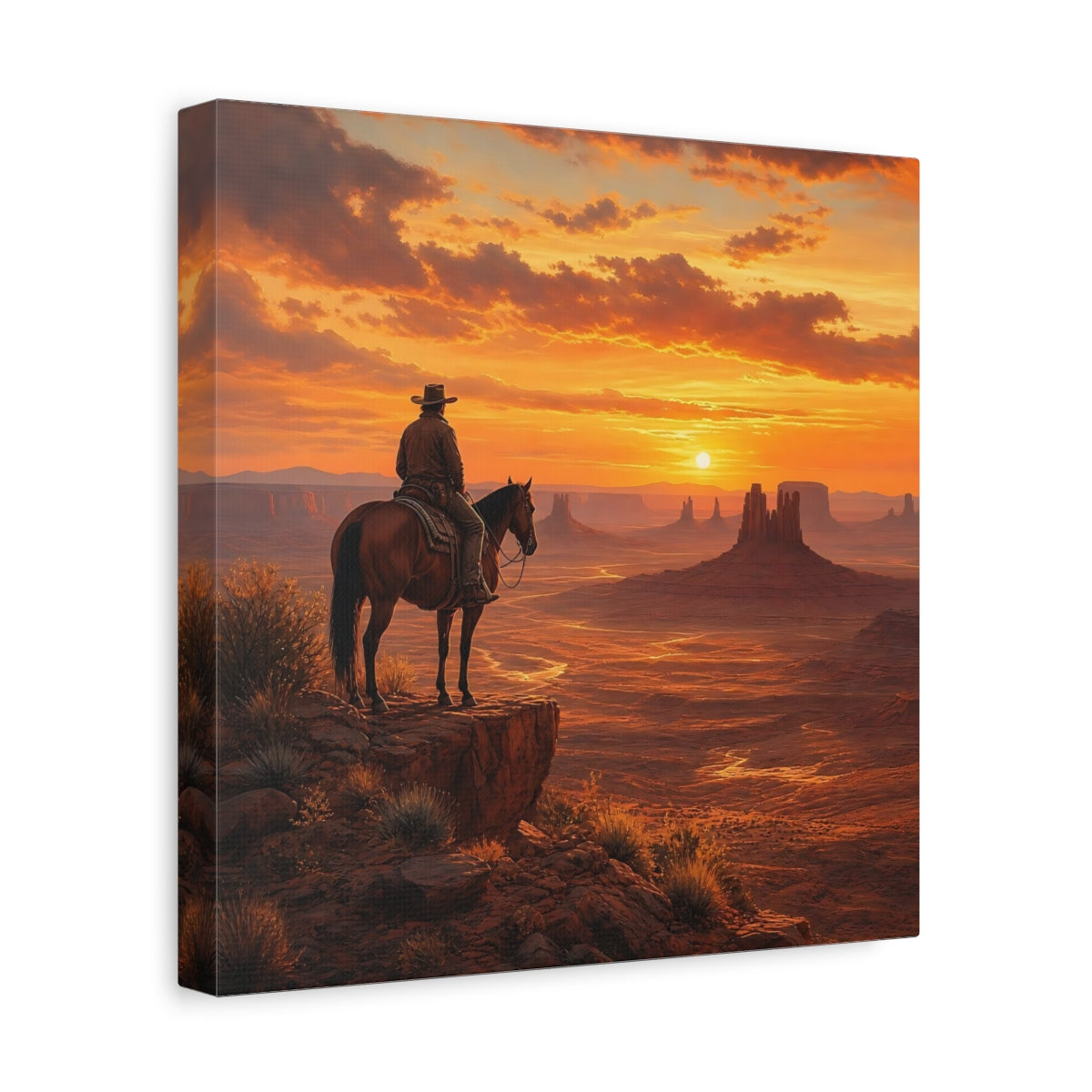 Side Mockup 8. Nature Cowboy, Horse Orange Sunset shown as stretched canvas wall art