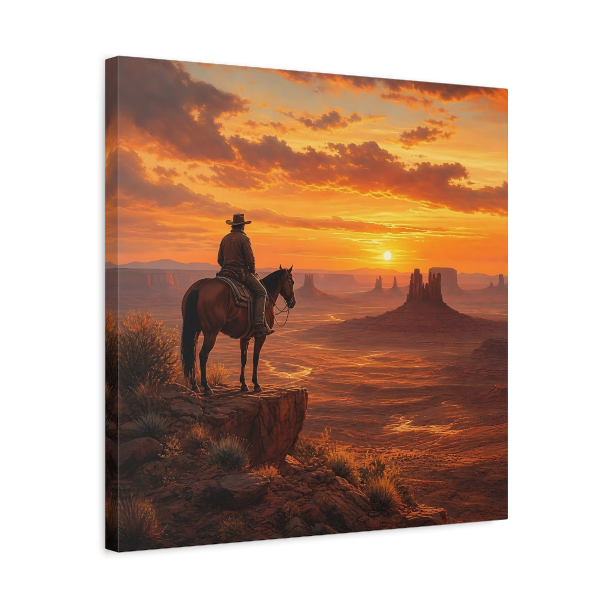 Side Mockup 5. Nature Cowboy, Horse Orange Sunset shown as stretched canvas wall art
