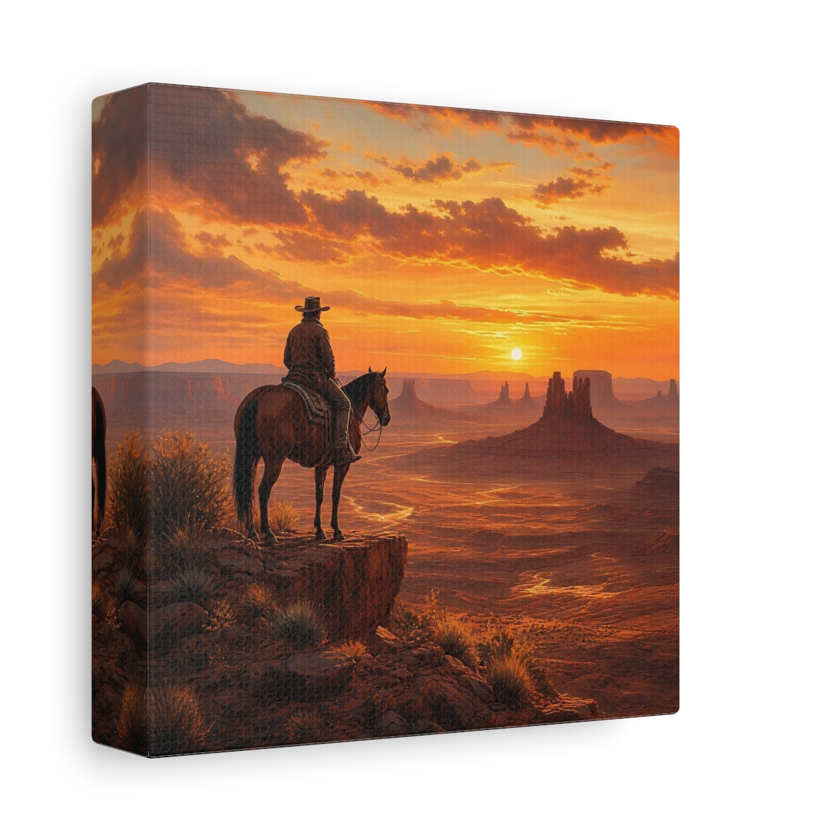 Side Mockup 2. Nature Cowboy, Horse Orange Sunset shown as stretched canvas wall art
