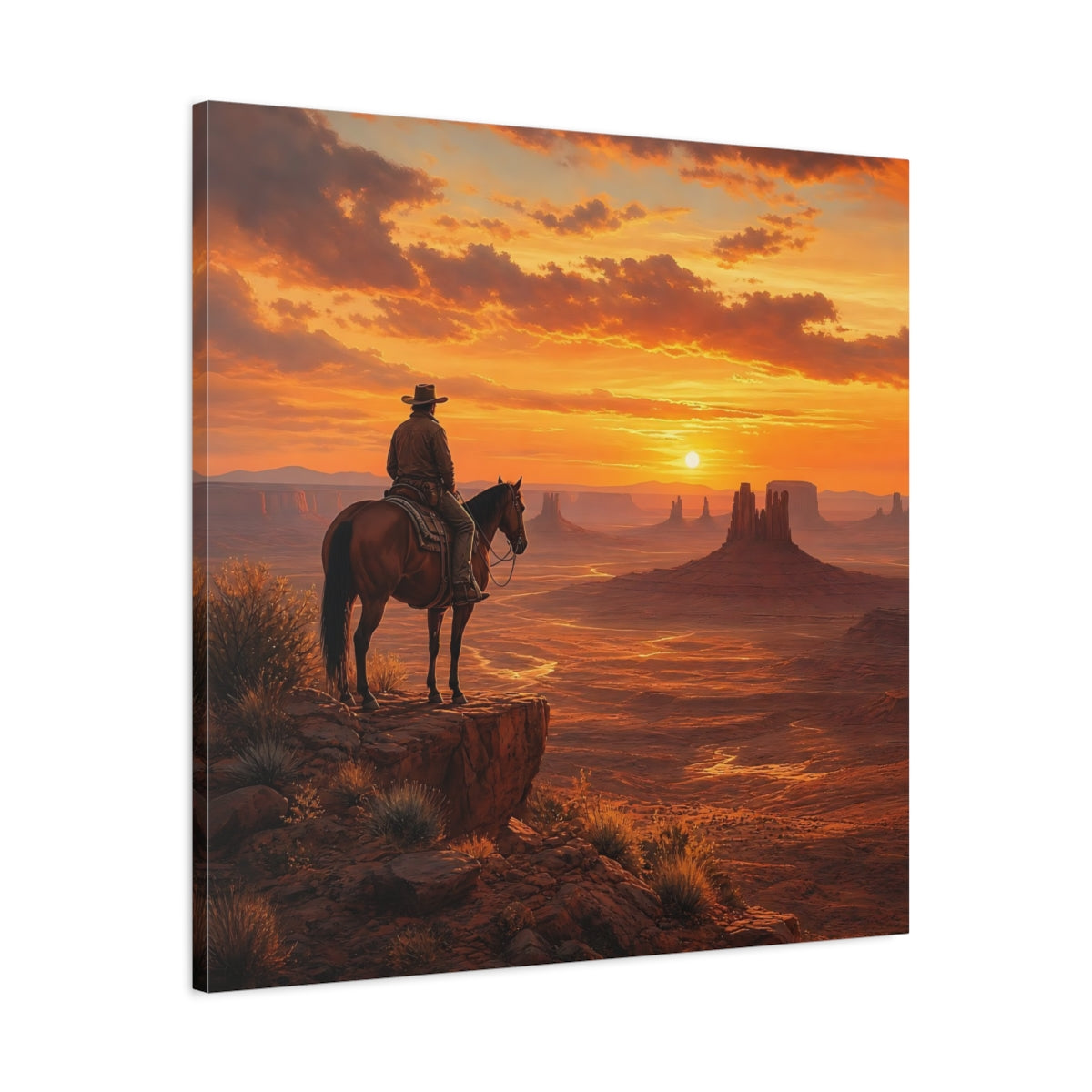 Side Mockup 3. Nature Cowboy, Horse Orange Sunset shown as stretched canvas wall art