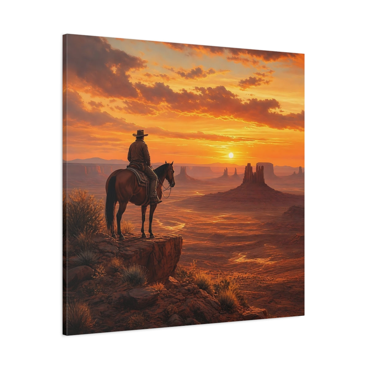 Side Mockup 1. Nature Cowboy, Horse Orange Sunset shown as stretched canvas wall art