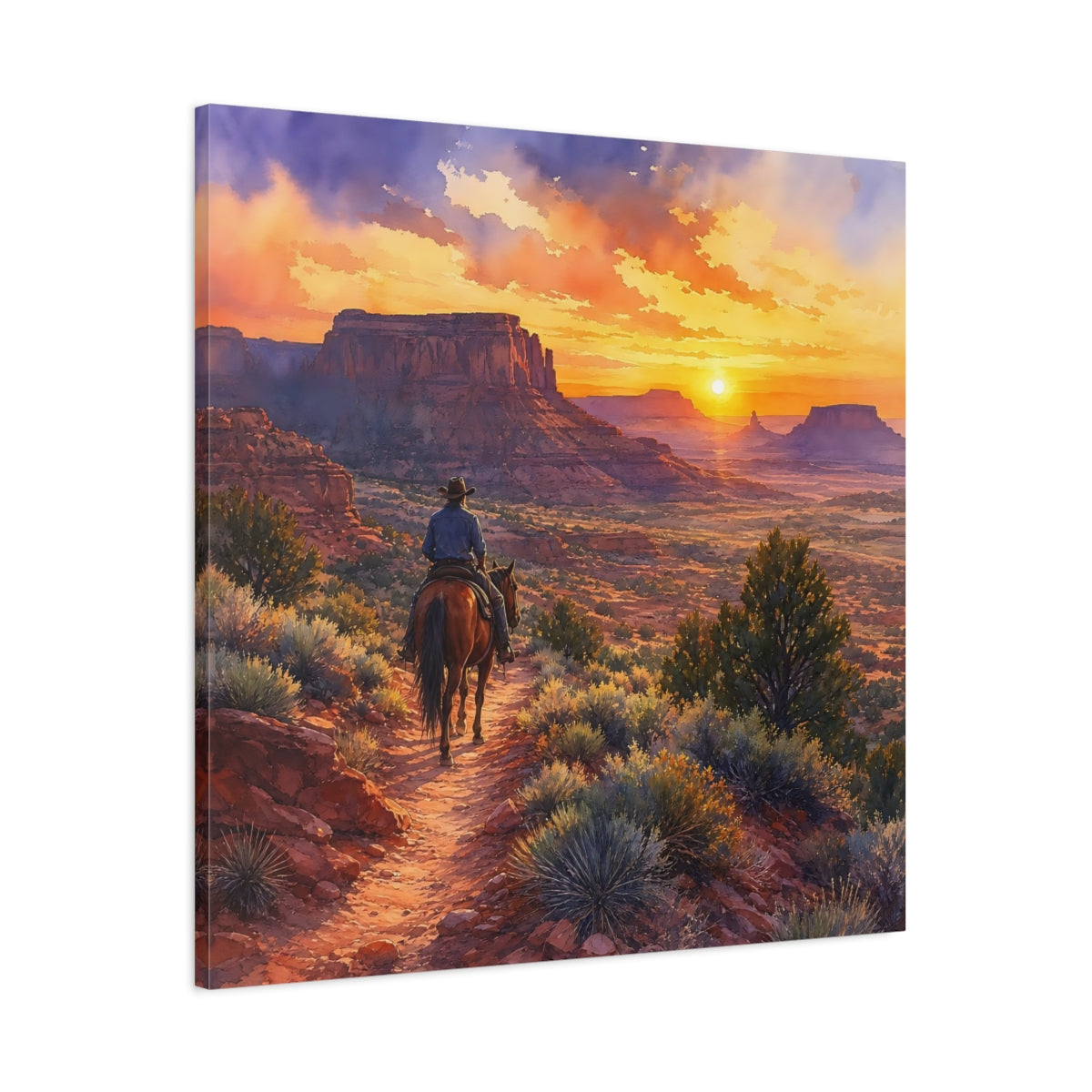 Main Mockup. Nature Cowboy Riding Western Desert Sunset shown as stretched canvas wall art