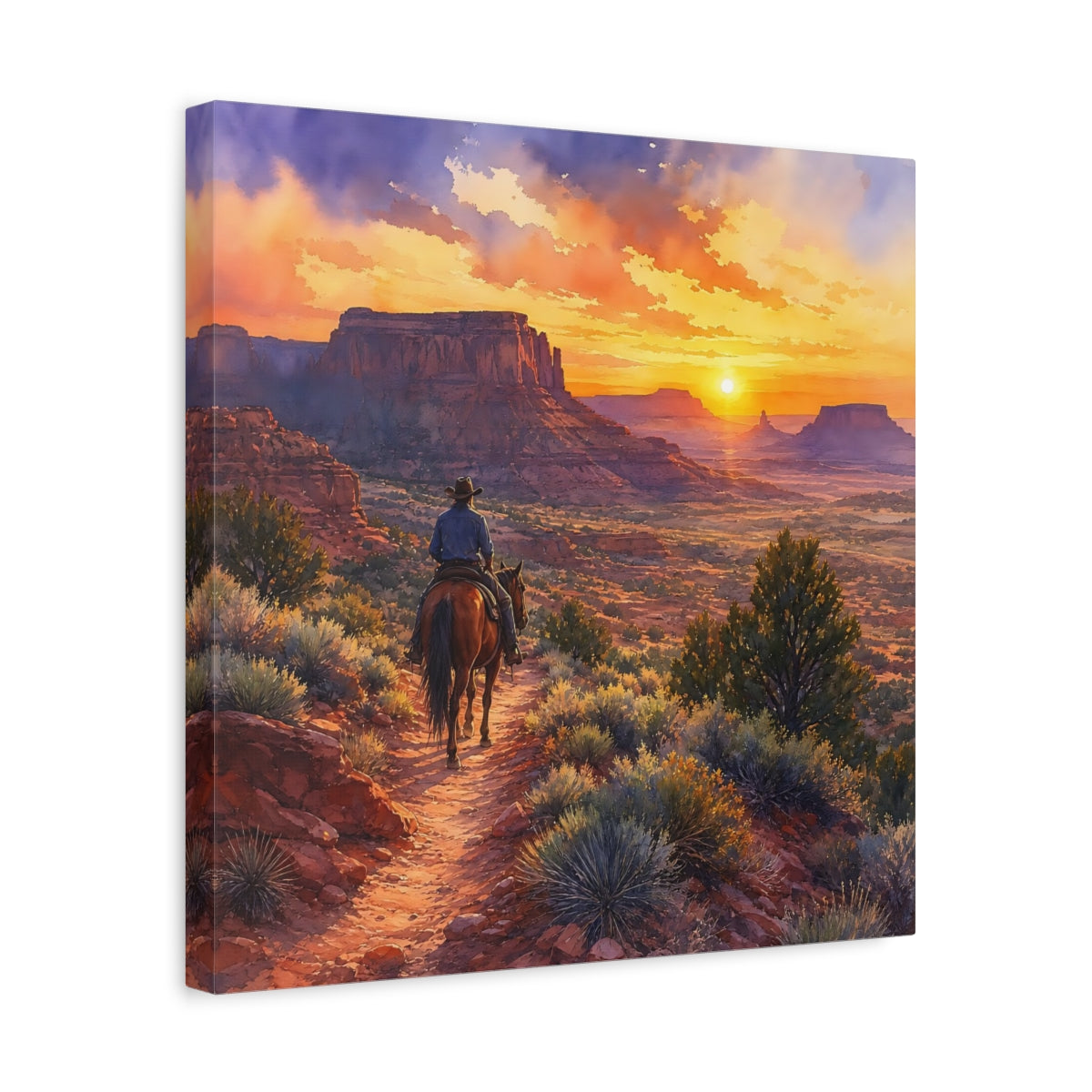 Side Mockup 6. Nature Cowboy Riding Western Desert Sunset shown as stretched canvas wall art