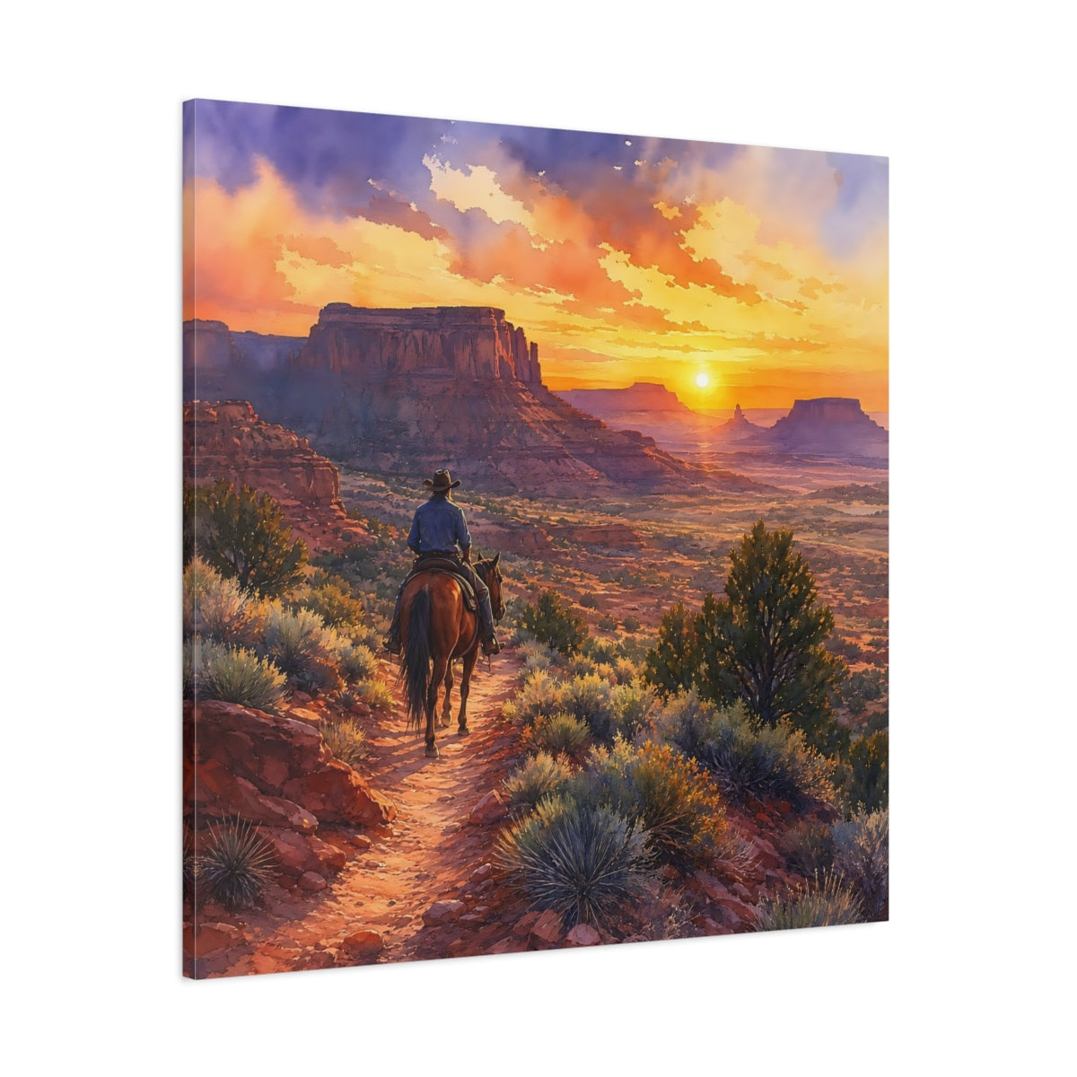 Side Mockup 1. Nature Cowboy Riding Western Desert Sunset shown as stretched canvas wall art