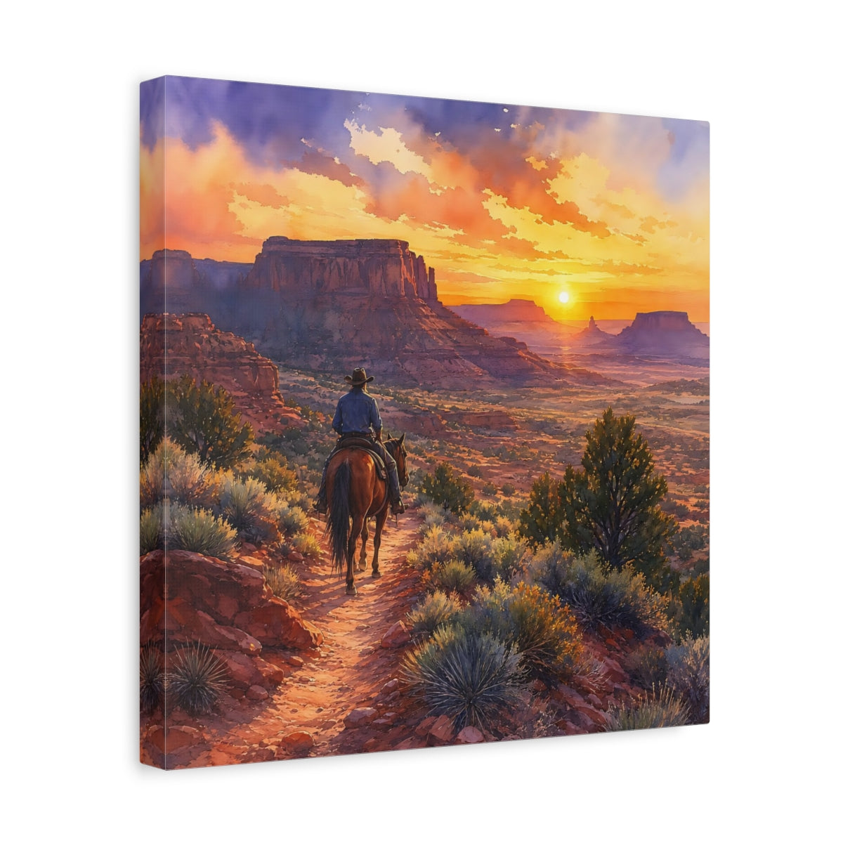 Side Mockup 7. Nature Cowboy Riding Western Desert Sunset shown as stretched canvas wall art