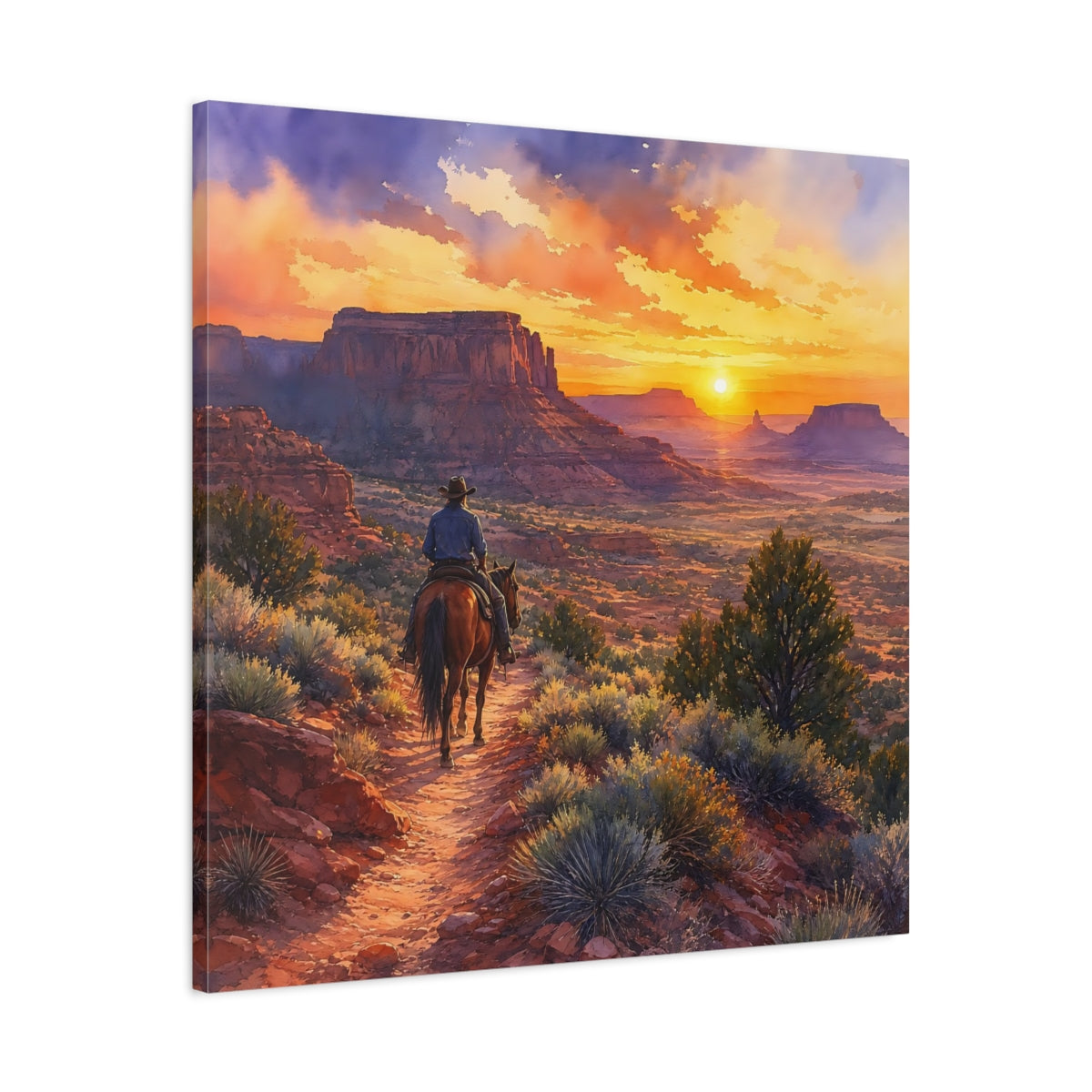 Side Mockup 3. Nature Cowboy Riding Western Desert Sunset shown as stretched canvas wall art