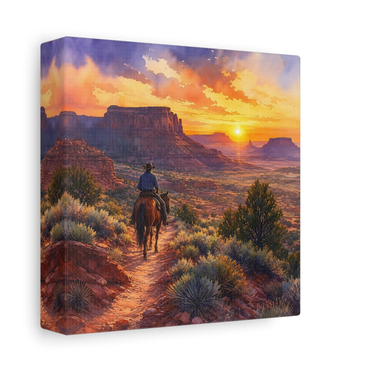 Side Mockup 2. Nature Cowboy Riding Western Desert Sunset shown as stretched canvas wall art