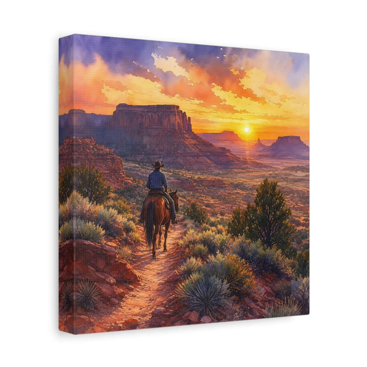 Side Mockup 9. Nature Cowboy Riding Western Desert Sunset shown as stretched canvas wall art