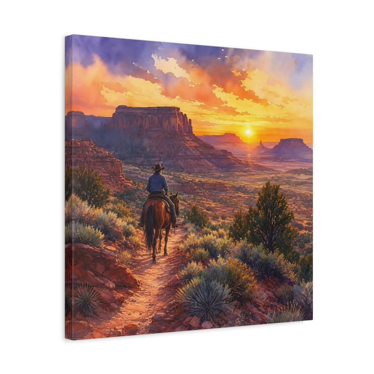 Side Mockup 5. Nature Cowboy Riding Western Desert Sunset shown as stretched canvas wall art