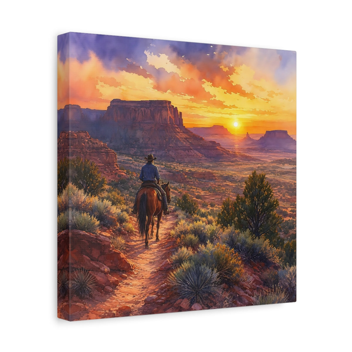 Side Mockup 8. Nature Cowboy Riding Western Desert Sunset shown as stretched canvas wall art