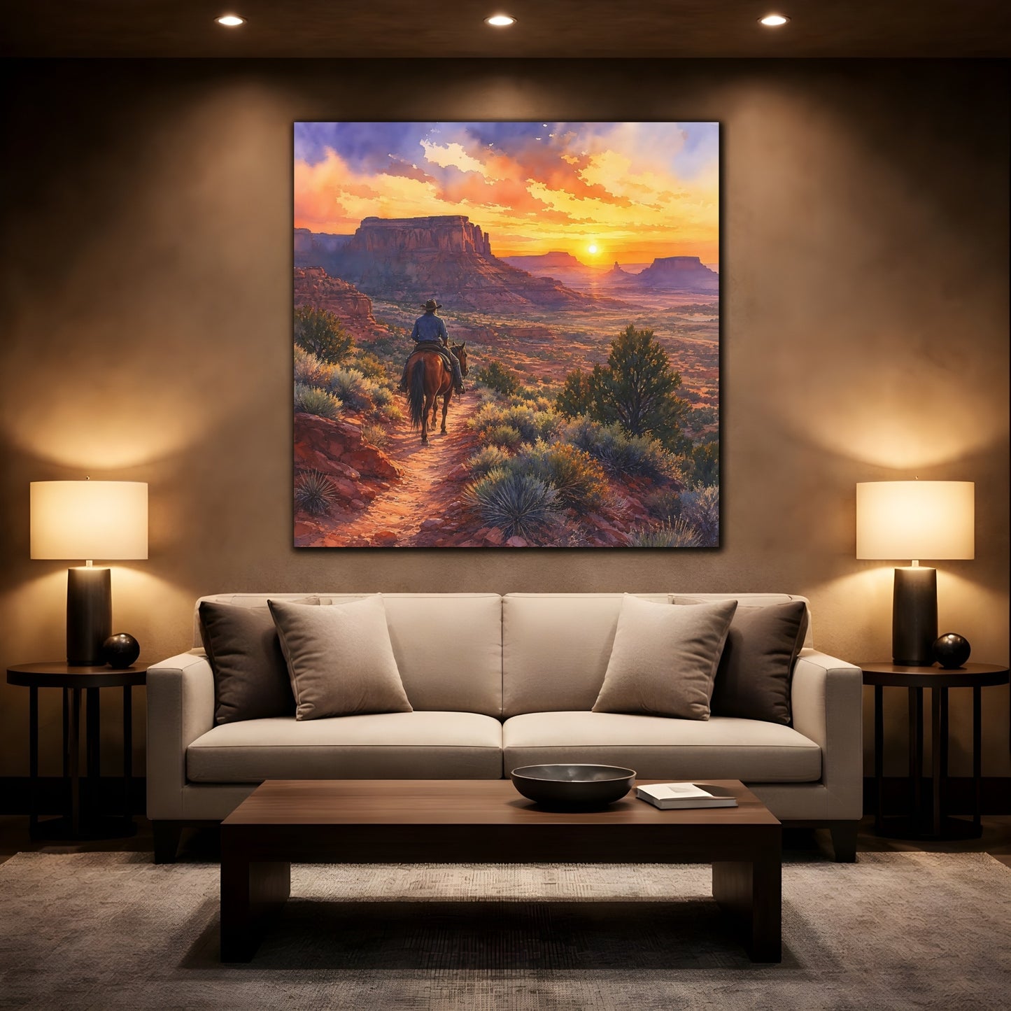 Mockup 2. Nature Cowboy Riding Western Desert Sunset shown as stretched canvas wall art