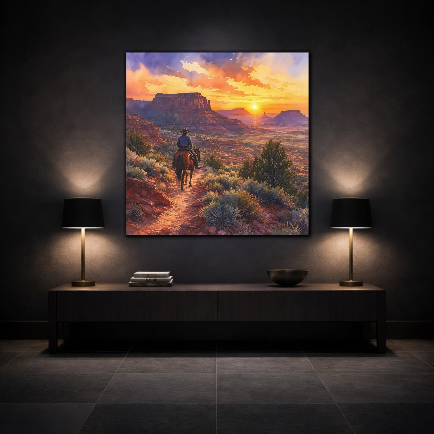 Mockup 3. Nature Cowboy Riding Western Desert Sunset shown as stretched canvas wall art
